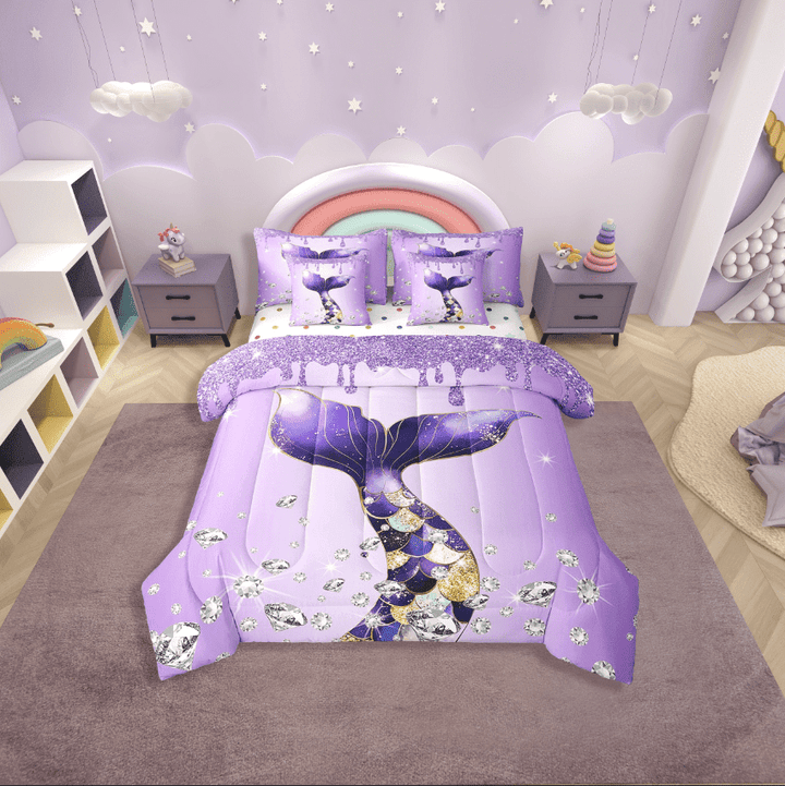 Erosebridal Princess Mermaid Bedding Sets Twin Size,Bling Crystal Comforter Sets With Sheets,Glitter Bedroom Decor,Reversible,Breathable,7Pcs