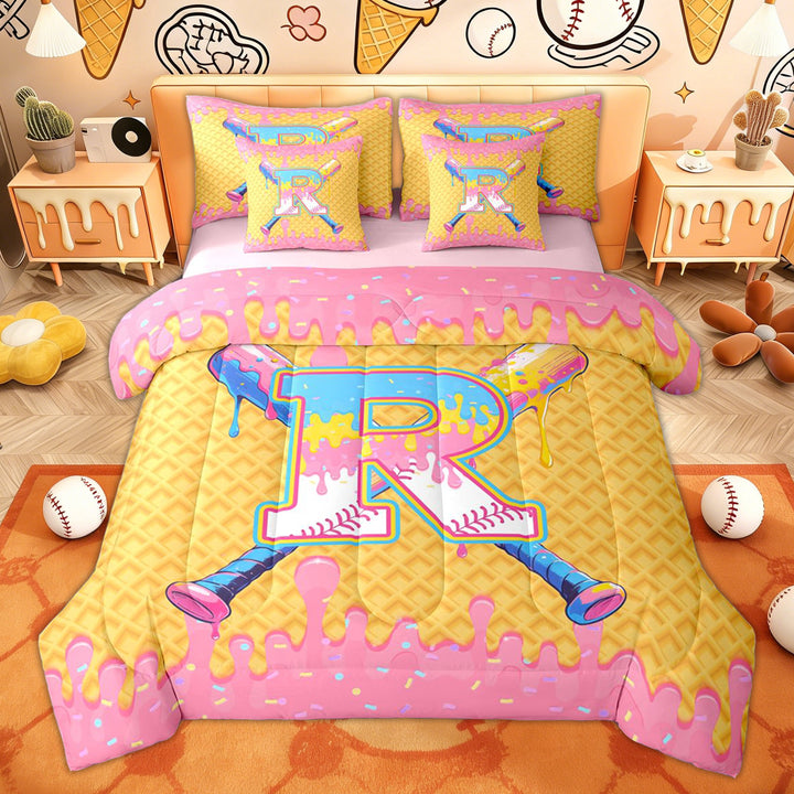Erosebridal Cartoon R Letter Twin Bedding Sets for Kid, Pink Ice Cream Baseball Bedding Comforter Set, 7-Piece