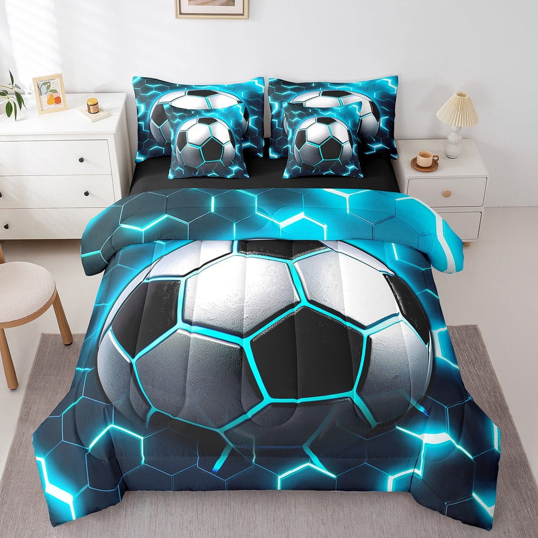 Erosebridal Football Bed in a Bag 7pcs Soccer Sports Bedding Set, Blue Neon Honeycomb Comforter Set Geometric Hexagon Bedding Comforter Sets, Blue Black White Bed Set