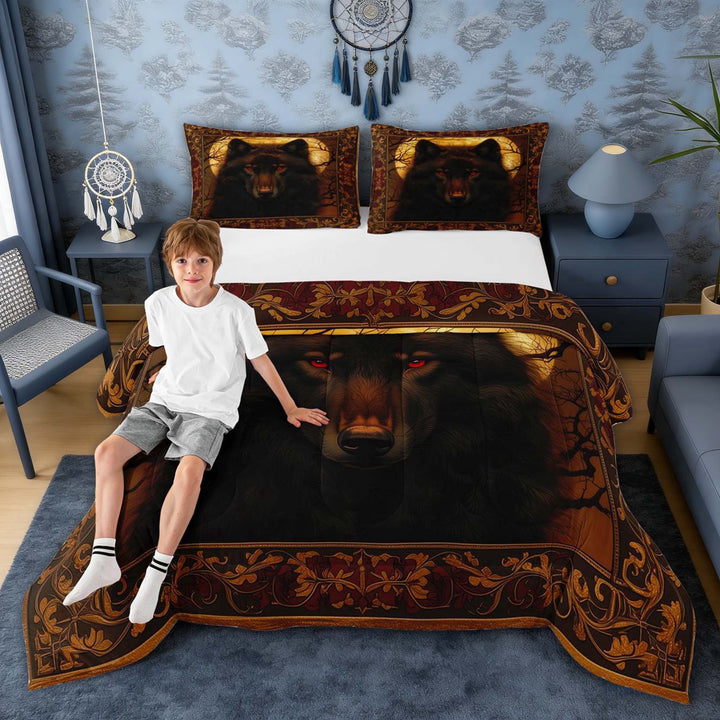 Erosebridal Black Wolf Ornate Frame Moon Print Full Size Comforter Sets, Gothic Wildlife Bedding Sets for Men and Women, Black Reversible 3 Pieces, 1 Comforter and 2 Pillowcases