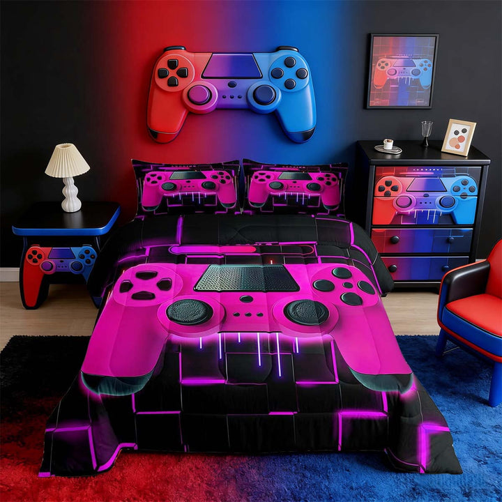 Purple Gaming Full Size Comforter Sets - Gamer Comforter Full Size Bedding Set, Neon Lights Abstract Geometry Design Gamer Room Decor