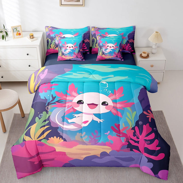 Cartoon Axolotl Bedding Set Twin Size Cute Animal Comforter Set 7 Piece SeaCoral Salamander Bed In A Bag Underwater World Marine Life Quilt with Flat Fitted Sheet