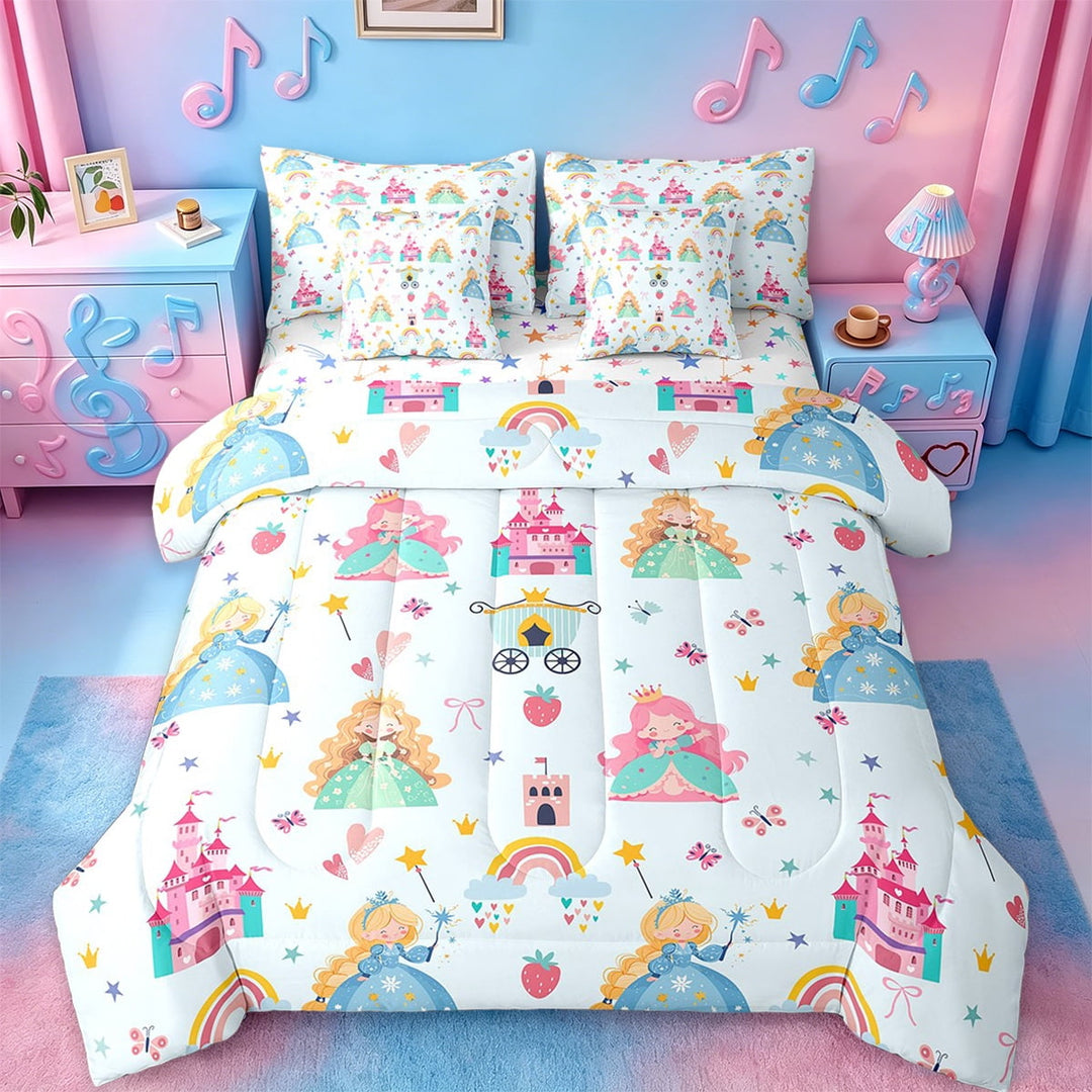 Erosebridal Kawaii Girl Bedding Twin Size,Rainbow Castle Carriage Bed Set,Blue Fairy Tale Bedding Sets Twin Size,Breathable Room Decoration Reversible,7pcs