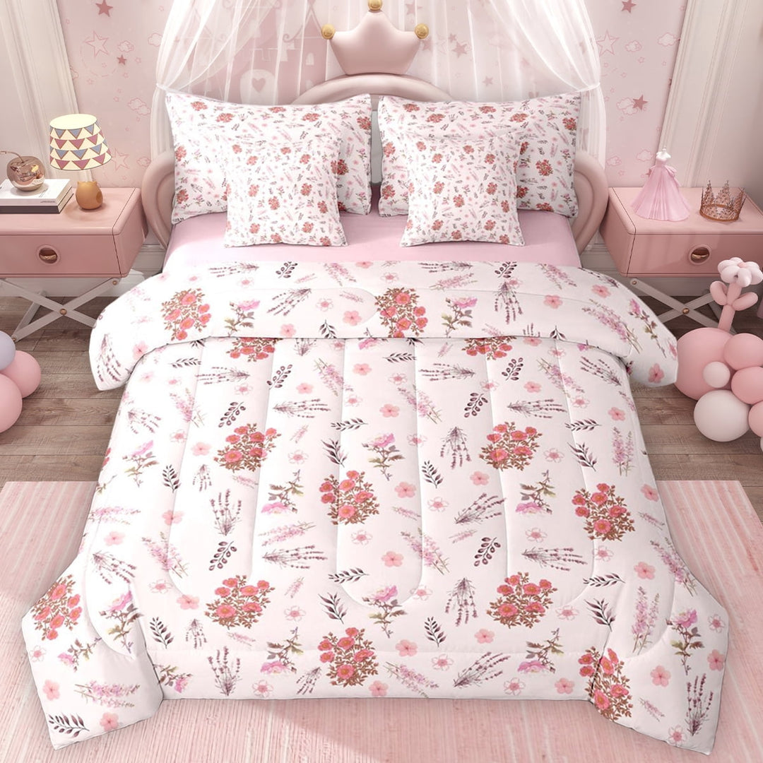 Erosebridal Cute Pink Blossoms Twin Bedding Sets for Girls, Chic Floral Flower Bedding Comforter Set, Pink Reversible, 7-Piece