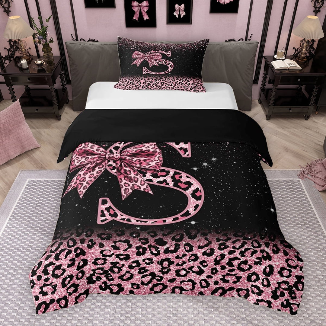 Erosebridal Cute Pink Leopard Print Twin Bedding for Girls, Bowknot Letter S Duvet Cover Set, Black Reversible 2pcs, 1 Duvet Cover and 1 Pillowcase (No Comforter)