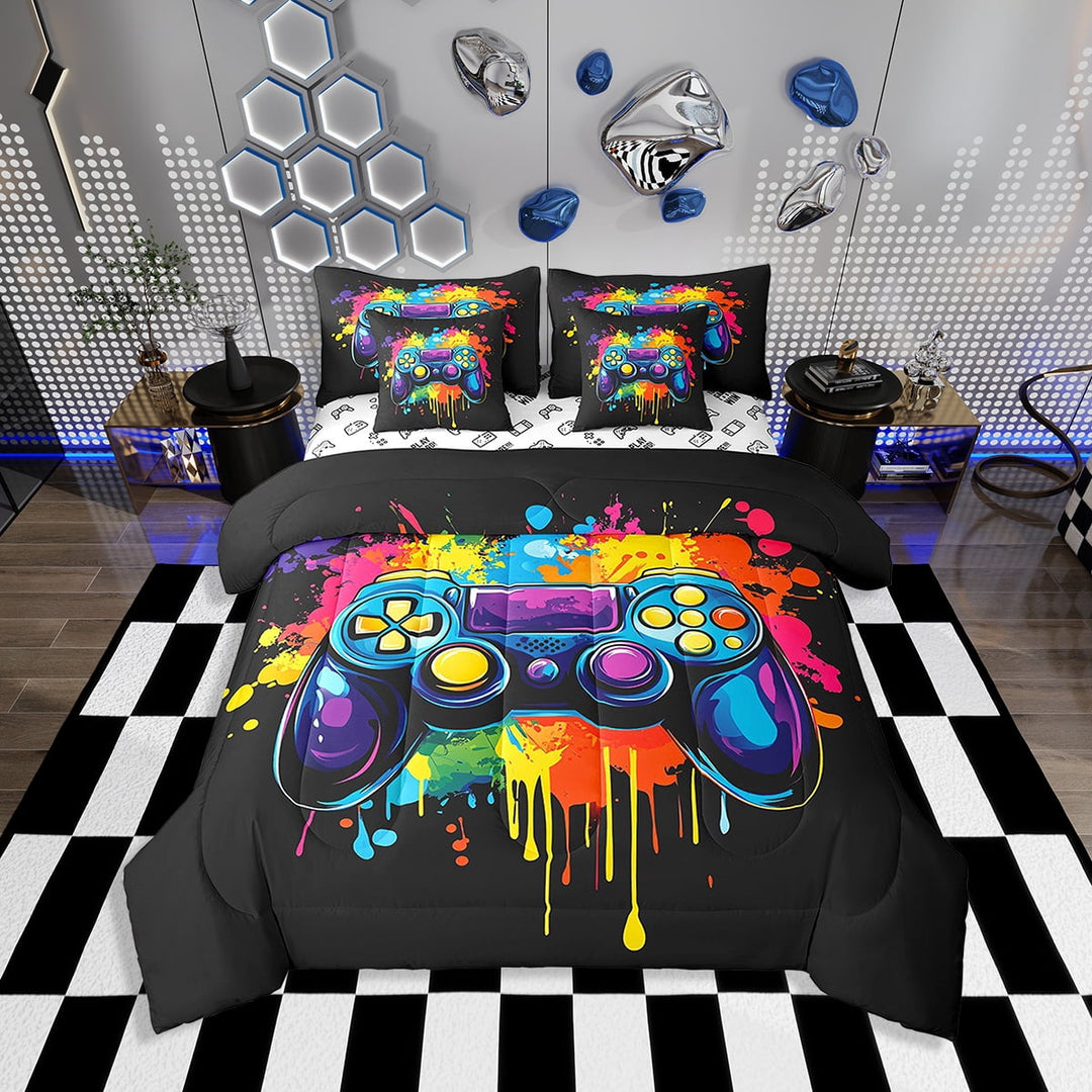 Erosebridal Gamer Comforter Set with Sheets Twin Size Gaming Bed in a Bag Set Teens Modern Game Console Controller 7 Pieces Bedding Set Joystick Room Decor Carbon Black