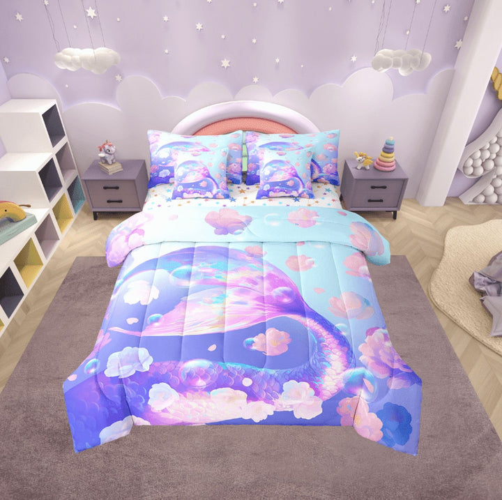 Erosebridal Princess Mermaid Bed in a Bag Twin size, Dreamy Flower Bed Set, Fish Tail Reversible Bedding Twin Size, Microfiber Room Decor, 7-Piece
