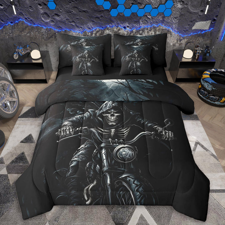 Erosebridal Gothic Skeleton Motorcyclist Bedding Comforter Set 7pcs For Teens Boys,Kids Motogp Sport Queen Bedding Sets,Black Reversible,Breathable Home Decor