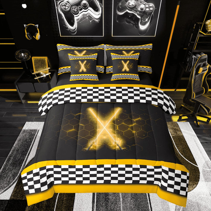 Erosebridal Lightning Bedding Sets Twin Size for Teens, Black White Checkered Comforter Sets with Sheets, Geometric Decor, Reversible