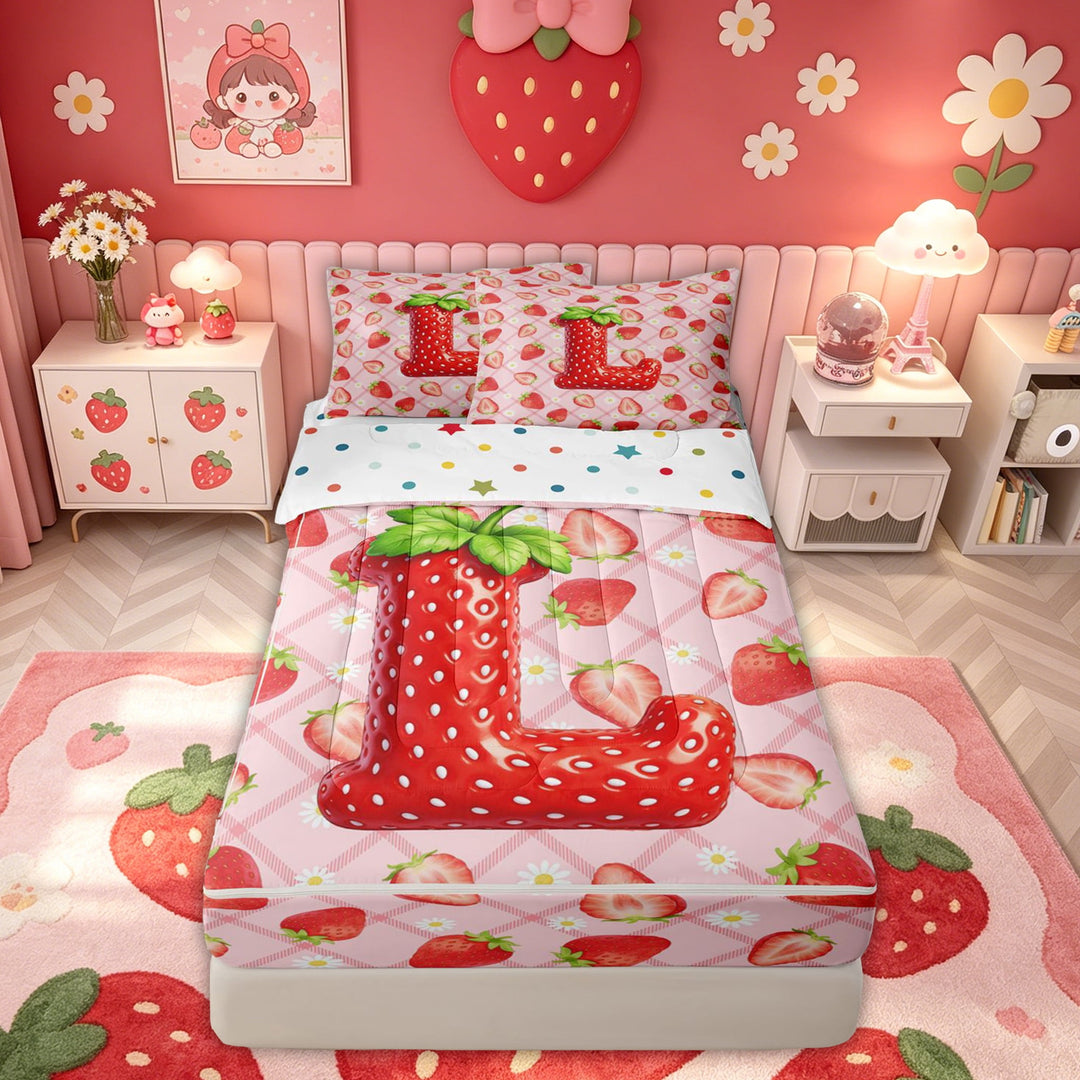 meiyoeat Strawberry L Initial Zipper Full Size Comforter Sets with Fitted Sheet and 2 Pillowcases for Girls, Fruit Flower Zipper Bedding Set, Red Pink, Polkadot Reversible, 4 Pieces