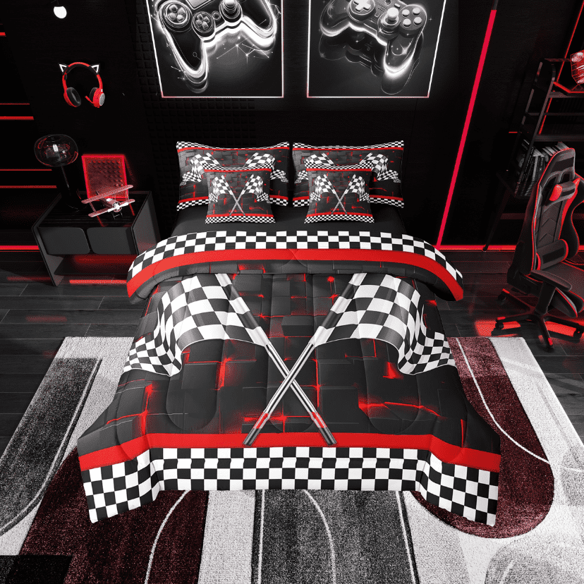 Erosebridal 3D Geometric Bedding Sets Twin Size, Black White Flag Comforter Sets with Sheets, Racing Car Decor, Reversible 7 Pieces
