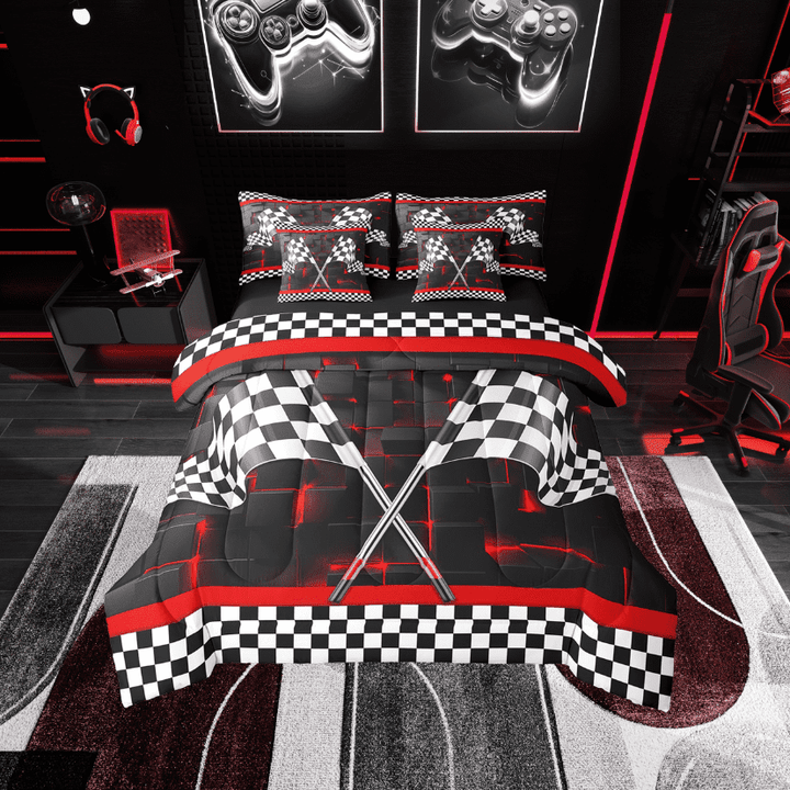 Erosebridal 3D Geometric Bedding Sets Twin Size, Black White Flag Comforter Sets with Sheets, Racing Car Decor, Reversible 7 Pieces