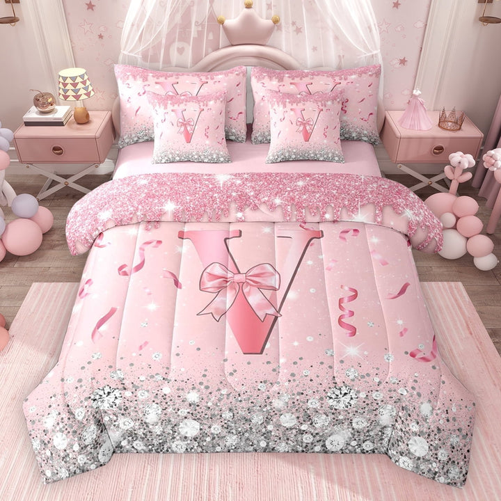 Erosebridal Dreamy Glitters Print Twin Bedding Sets for Girls, Pink Bling V Letter Bedding Comforter Set, Pink Reversible 7-Piece