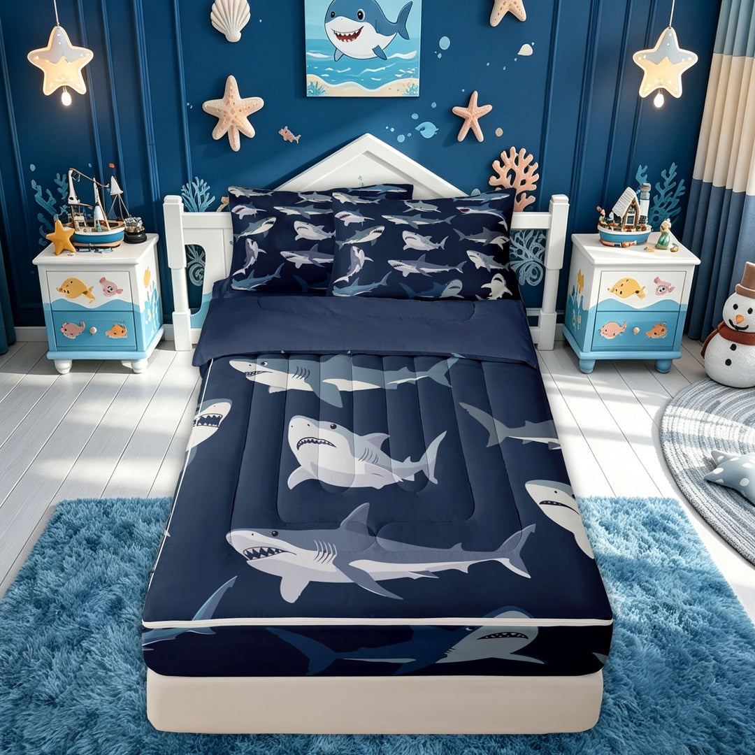 meiyoeat Cartoon Sea Shark Zipper Comforter Set with Fitted Sheet and 2 Pillowcases for Kids Boys Girls, Undersea Wildlife Zipper Bedding Set, Navy, Blue Reversible, 3pcs