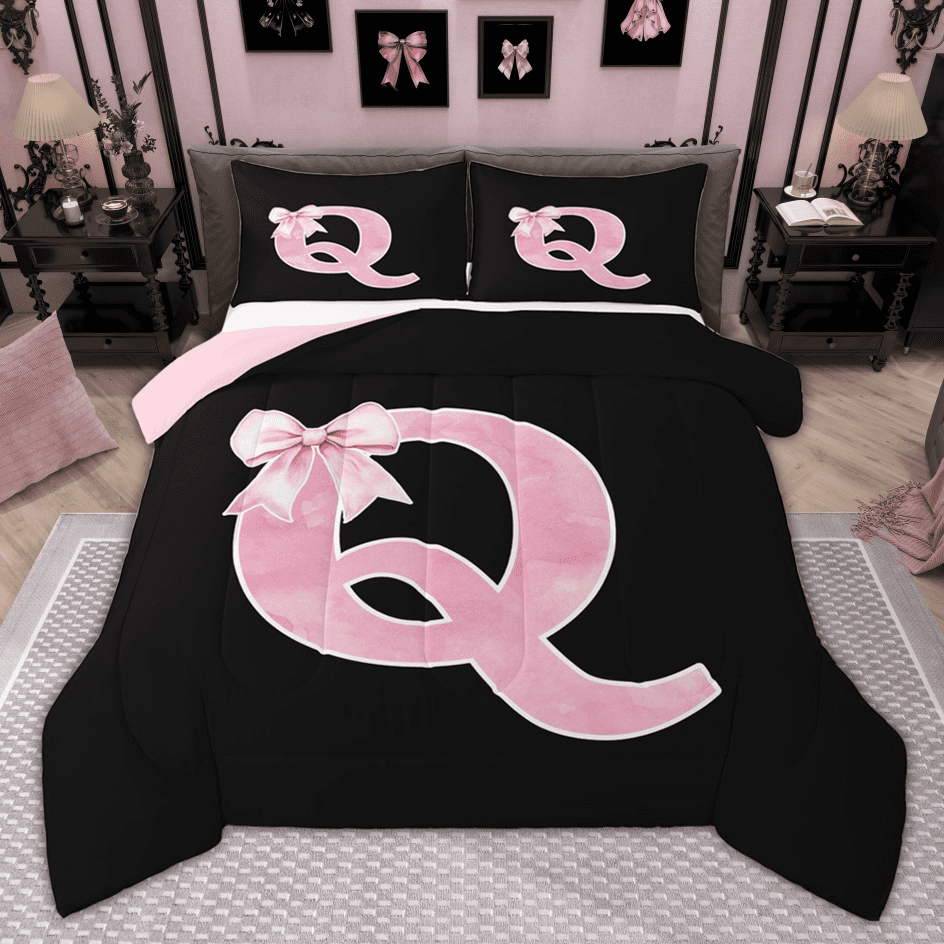 Manfei Personalized Initial Q Bedding Comforter Set for Girls, Pink Bow Tie Twin Comforter Sets, Watercolor Monogrammed Bedding Set, Breathable Room Decor, Reversible 2pcs