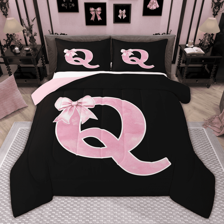 Manfei Personalized Initial Q Bedding Comforter Set for Girls, Pink Bow Tie Twin Comforter Sets, Watercolor Monogrammed Bedding Set, Breathable Room Decor, Reversible 2pcs
