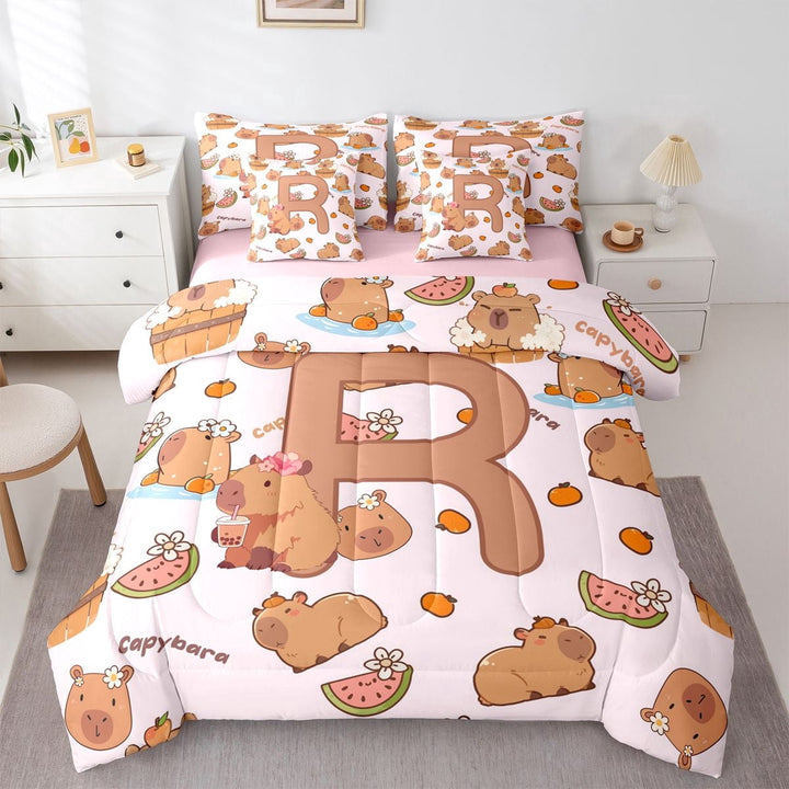 Erosebridal Cartoon Capybara R Letter Monogrammed Twin Bedding Sets 7-Piece For Kids Boys Girls,Cute Animal Funny Food Bedding Comforter Set,Pink Reversible
