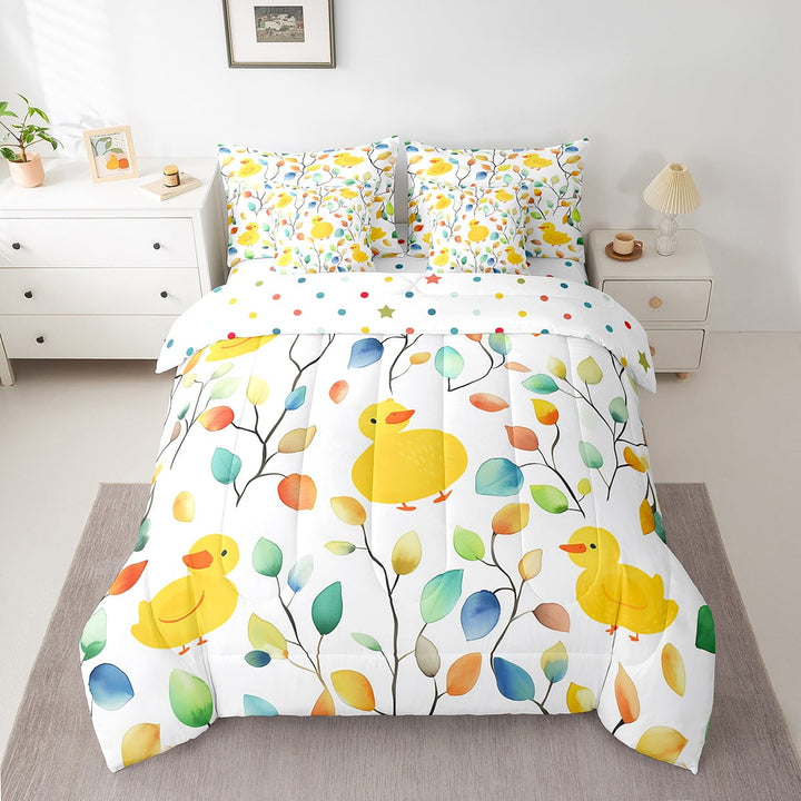 7Pcs Cartoon Duck Bedding Comforter Sets Boho Floral Bed in a Bag, Colorful Leaves Twin Bedding Sets Abstract Watercolor Plant Comforter Set, Farmhouse Animal Bedding Sets