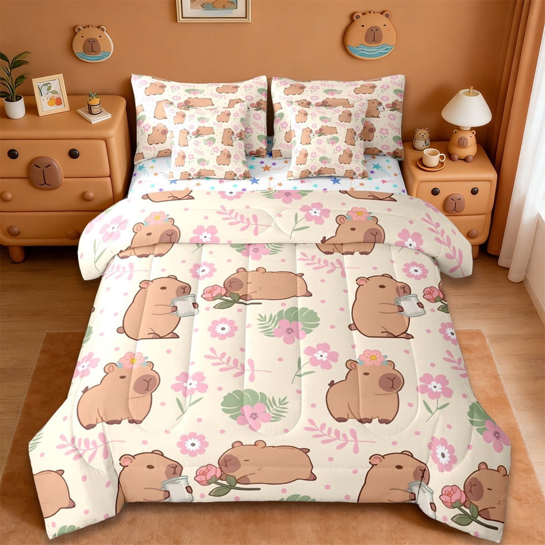 Erosebridal Kawaii Animals Capybara 7-Piece Twin Bedding Sets,Animal Theme Pink Flowers Bedding Comforter Set For Kids Girls Reversible