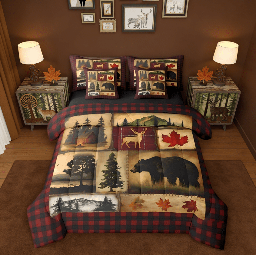Manfei Bear Cabin Plaid 7 Pieces Bedding Comforter Set,Rustic Farmhouse Retro Hunting Deer Full Bedding Set,Red Black Brown Reversible