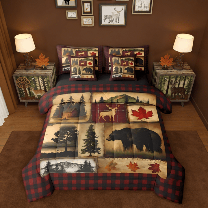 Manfei Bear Cabin Plaid 7 Pieces Bedding Comforter Set,Rustic Farmhouse Retro Hunting Deer Full Bedding Set,Red Black Brown Reversible