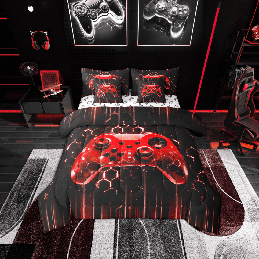 Erosebridal Neon Red Gamepad Bed in a Bag Twin Size, Gradient Lines Bed Set, Gamer Room Decorative, Reversible 7 Pieces