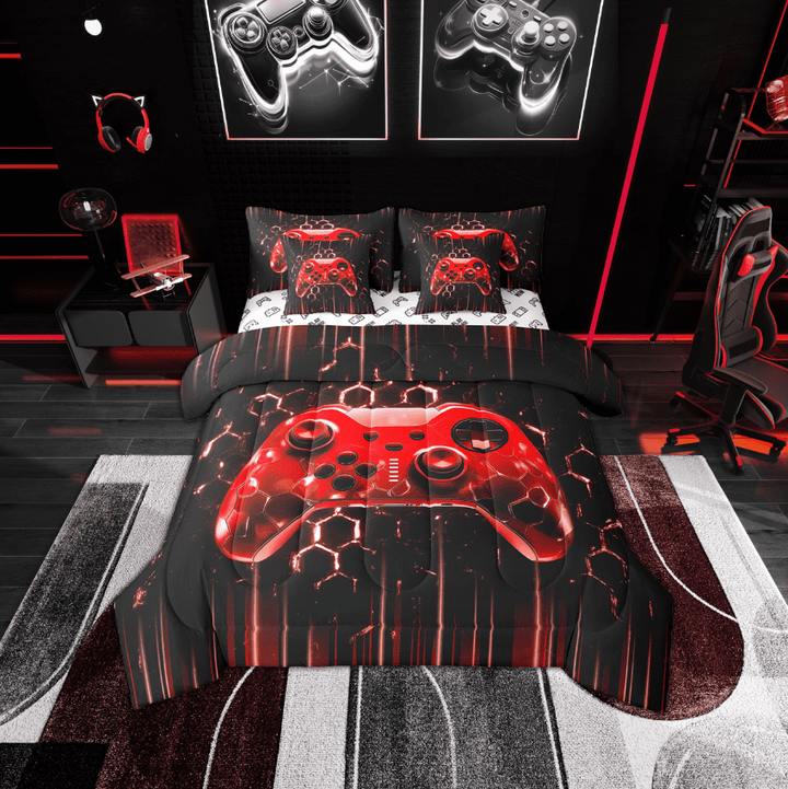 Erosebridal Neon Red Gamepad Bed in a Bag Twin Size, Gradient Lines Bed Set, Gamer Room Decorative, Reversible 7 Pieces