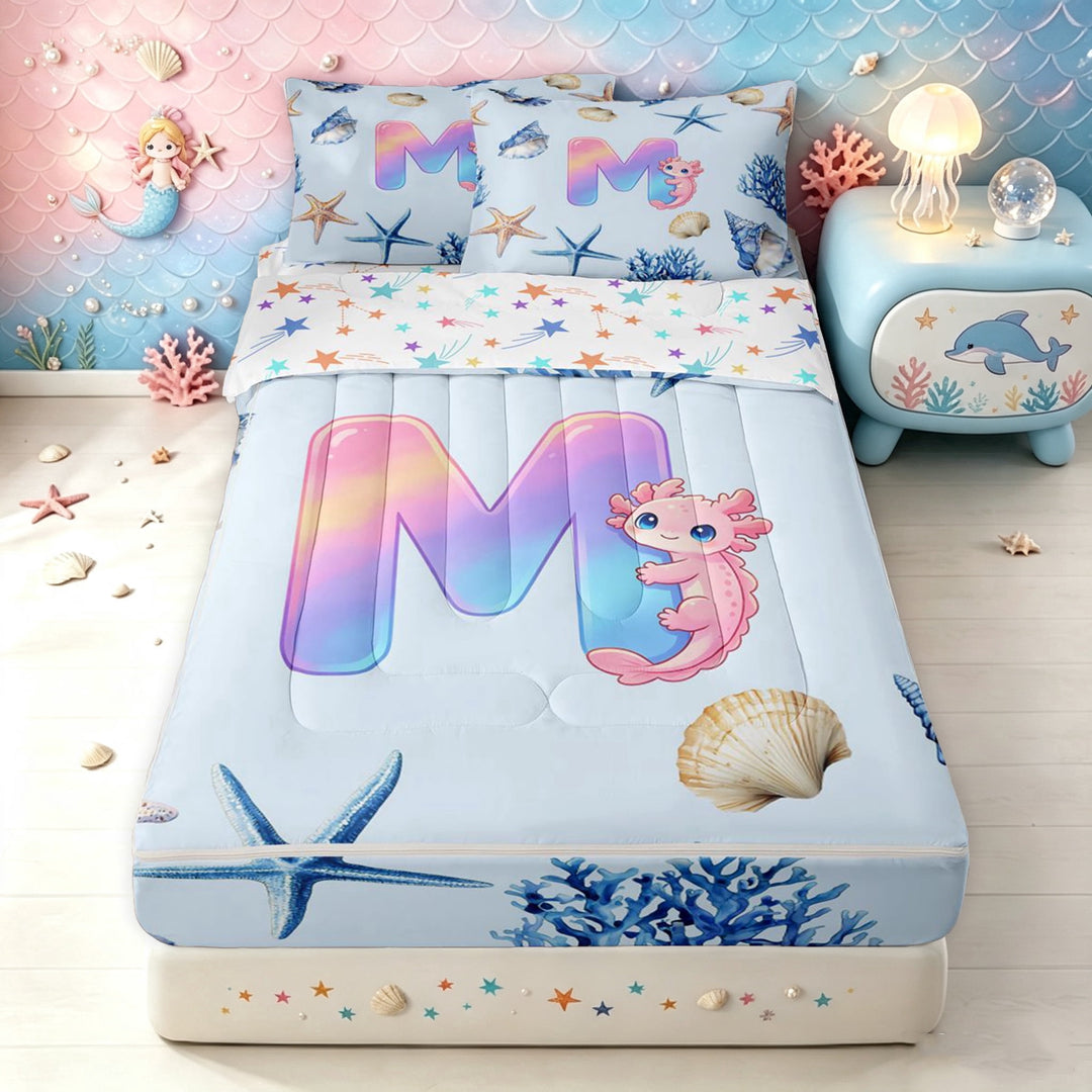 meiyoeat Ocean Axolotl M Letter Zipper Twin Comforter Sets with Fitted Sheet and 2 Pillowcases for Girls, Blue Seashell Starfish Zipper Bedding Set, Star Reversible, 4pcs