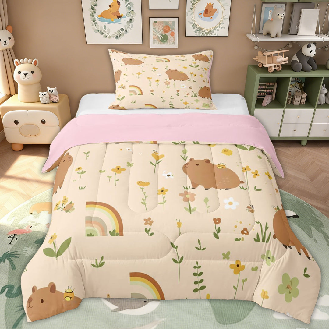 Erosebridal Cute Capybara Girl Kid Twin Comforter Sets, Flower Floral Bedding Set, 2-Piece, Pink Reversible