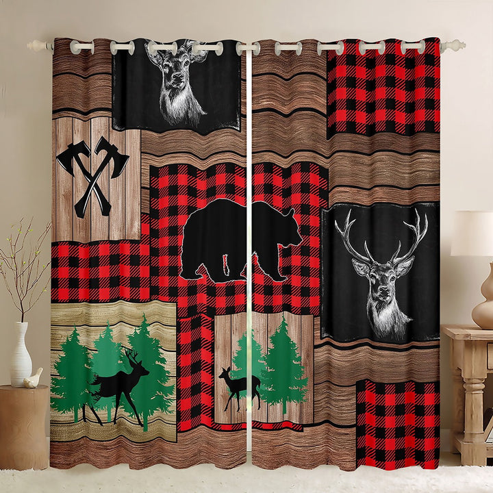 Manfei Wildlife Moose Bear Black Out Curtains for Men, Rustic Farmhouse Cabin Curtains Pack of 2 (42x63 Each), Buffalo Plaid Patchwork Bedroom Curtains, Curtains and Drapes Decor