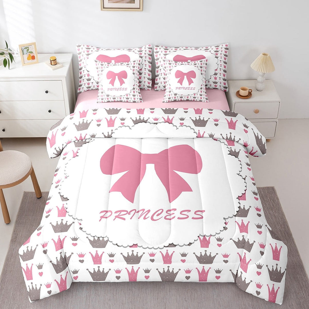 Erosebridal Princess Bed in a Bag Twin size, Pink Bowknot Crown Bed Set, Dreamy Room Decor, Reversible 7pcs 7pcs