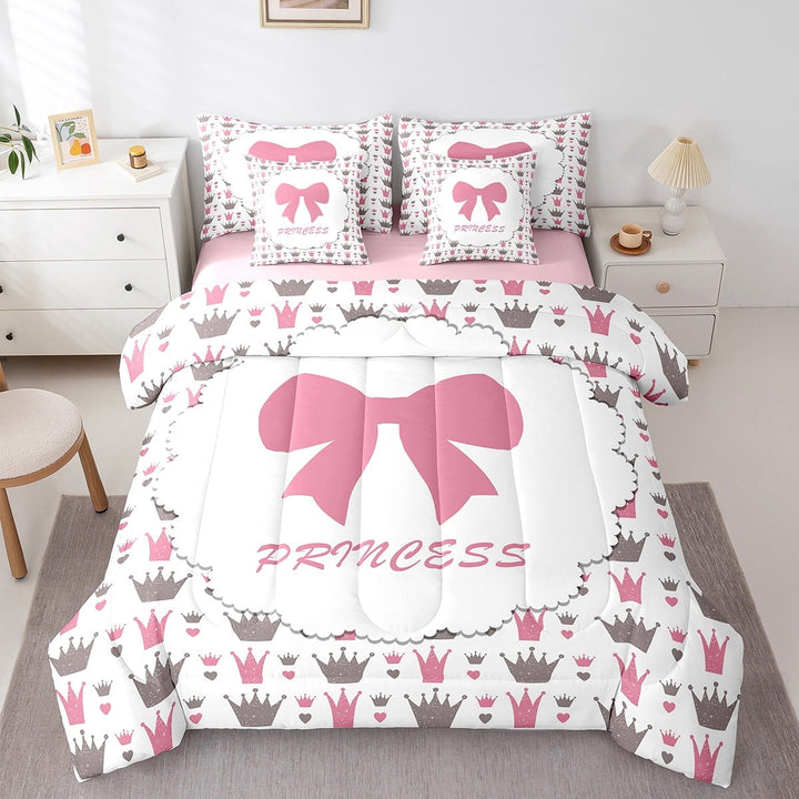 Erosebridal Princess Bed in a Bag Twin size, Pink Bowknot Crown Bed Set, Dreamy Room Decor, Reversible 7pcs 7pcs