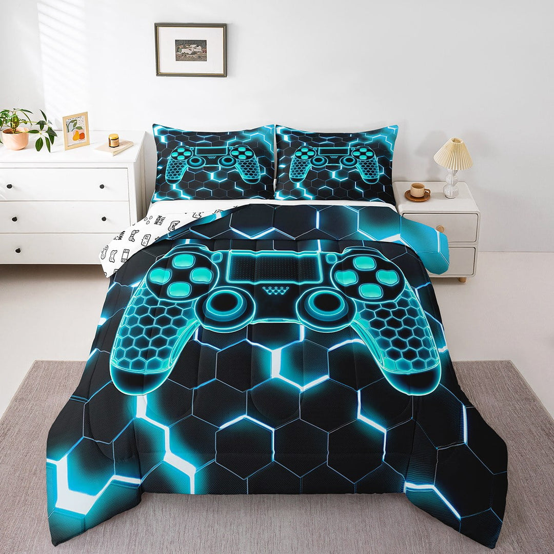 Erosebridal Gamepad Comforter Sets Twin Size, Game Player Comforters &amp; Duvets, Honeycomb Geometry Decor, Ultra Soft 2-Piece