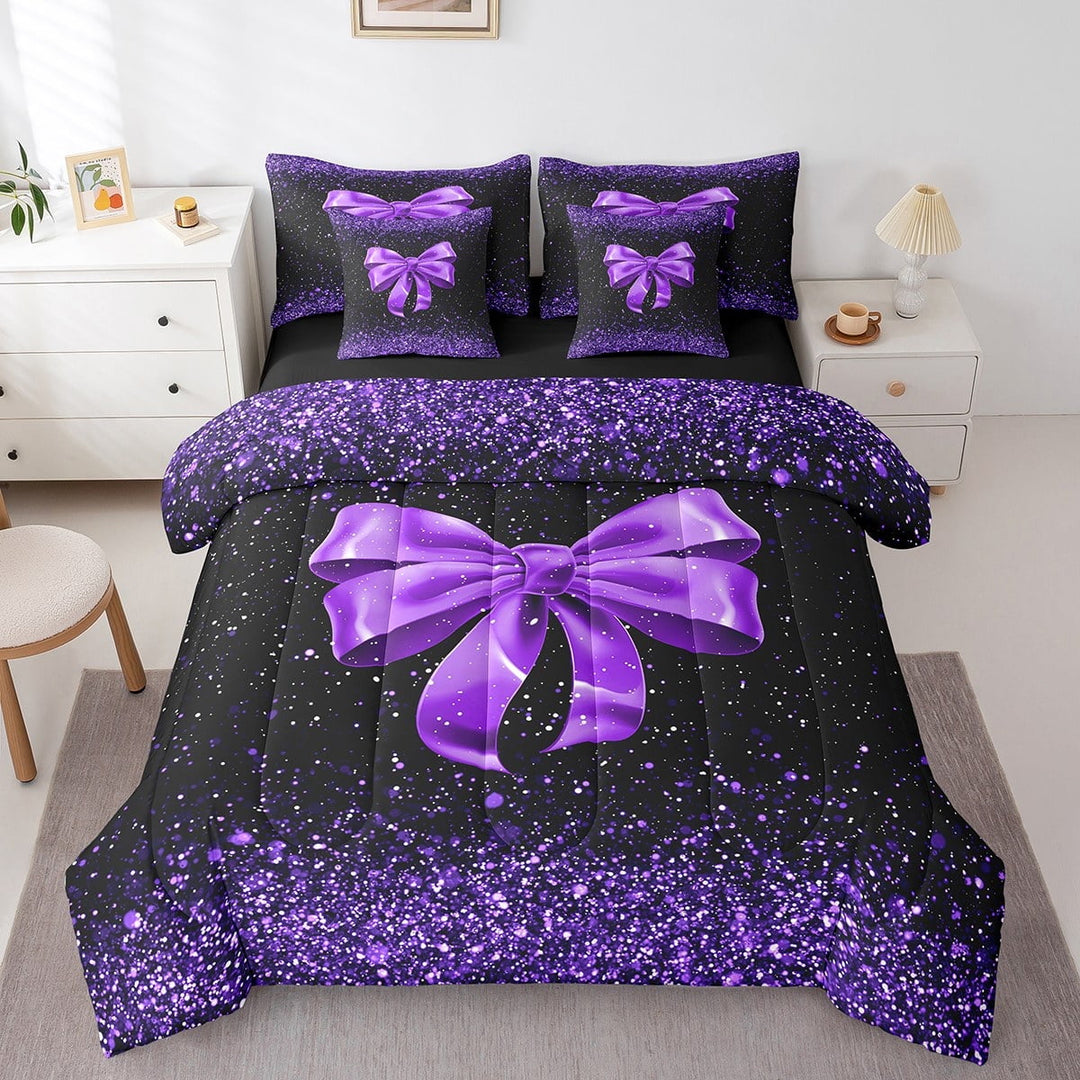 Erosebridal Purple Bowknot Bedding Sets King Size,Bling Glitter Bed in a Bag King size,Lightweight Reversible Bedding King Size,Sequin Print Decoration,7 Pieces