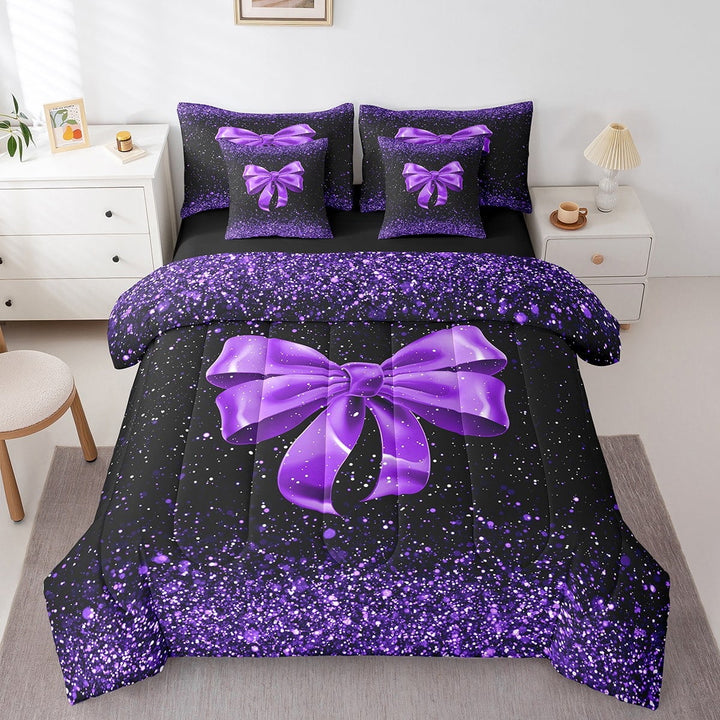 Erosebridal Purple Bowknot Bedding Sets King Size,Bling Glitter Bed in a Bag King size,Lightweight Reversible Bedding King Size,Sequin Print Decoration,7 Pieces