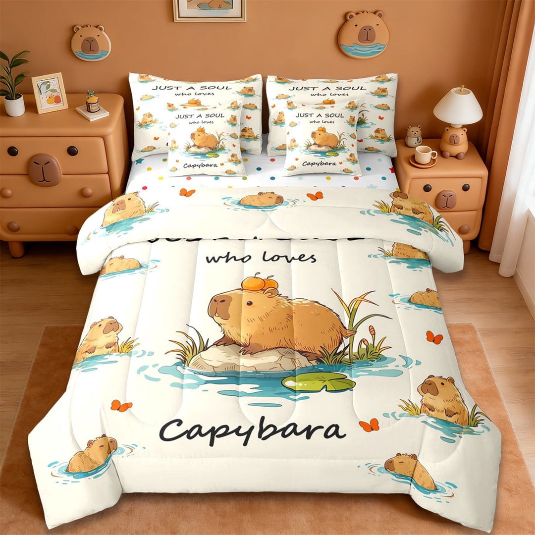 Erosebridal Kawaii Capybaras 7-Piece Twin Bedding Sets For Capybara Lover,Cute Animal Capybara Decorations Bedding Comforter Set For Kids Reversible