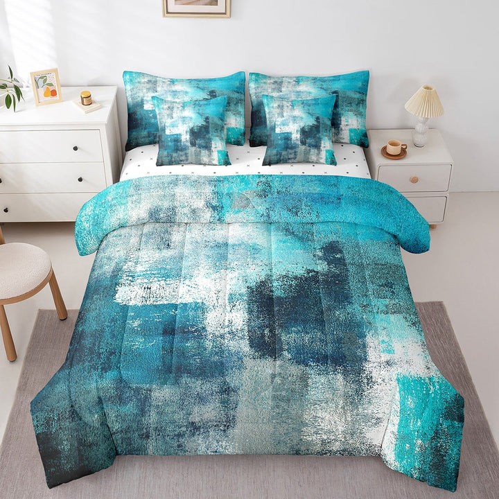 Teal Comforter Set Bed in A Bag,Retro Watercolor Bedding Queen,Retro Turquoise and Grey Watercolor Bed Sets(1 Comforter,2 Pillowcases,1 Flat Sheet,1 Fitted Sheet,2 Throw Pillow Covers)