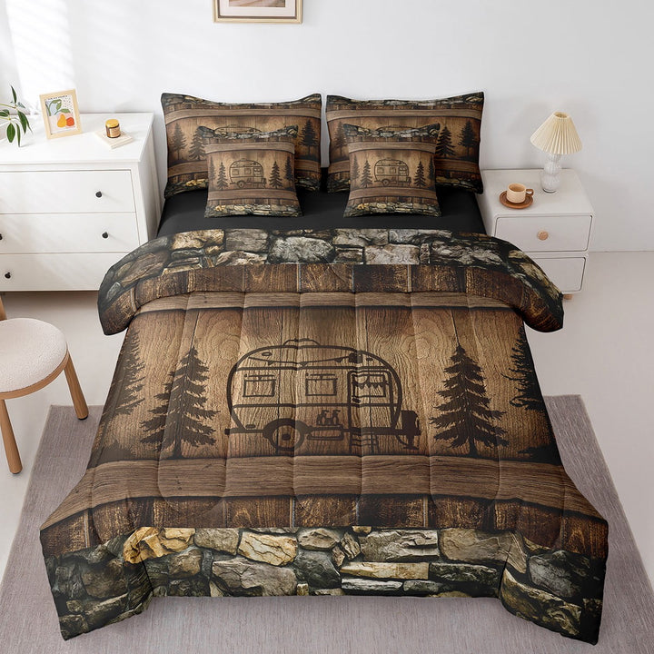 Camping Camper Bedding Comforter Sets 7-Piece RV Accessories Bed in a Bag, Vintage Farmhouse Lodge Cabin Full Bedding Sets Brown Old Barn Door Comforter Set, Rustic Stone Bedding Sets &amp; Collections