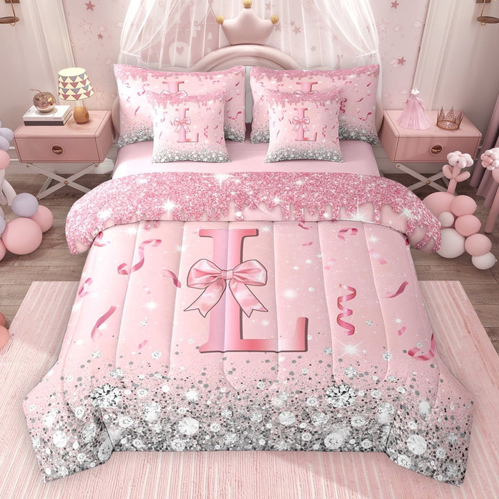 Erosebridal Dreamy Glitters Print Twin Bedding Sets for Girls, Pink Bling L Letter Bedding Comforter Set, Pink Reversible 7 Pieces