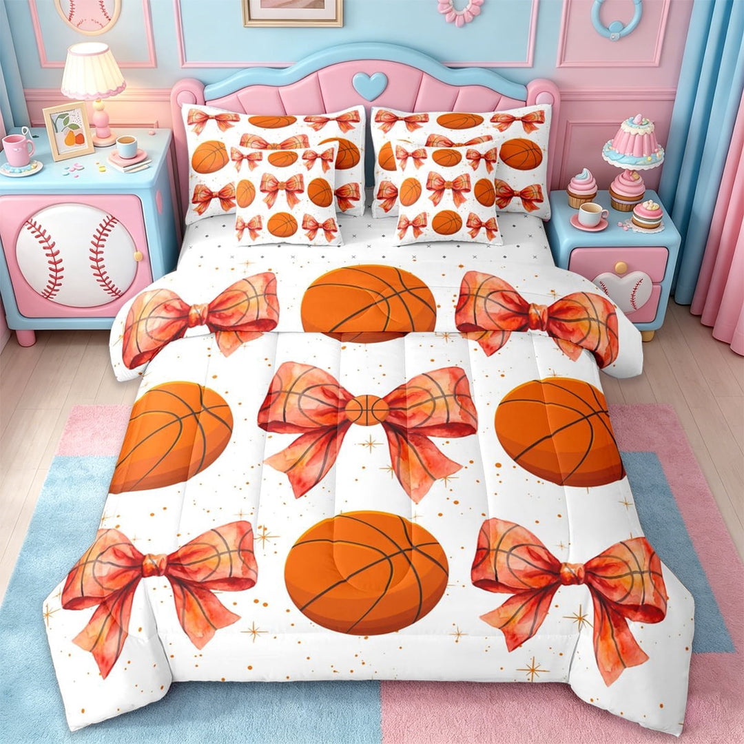 Erosebridal Basketball Print Bowknot 7pcs Bedding Comforter Set,Kids Ball Sport Themed Queen Bedding Sets For Girls,Reversible