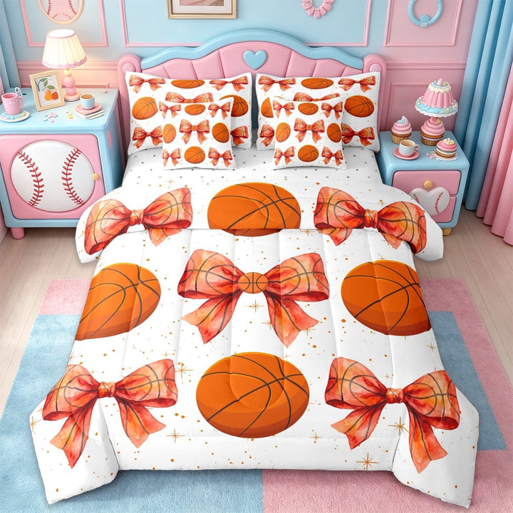 Erosebridal Basketball Print Bowknot 7pcs Bedding Comforter Set,Kids Ball Sport Themed Queen Bedding Sets For Girls,Reversible