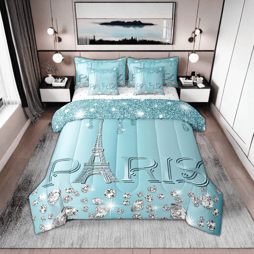 YST Paris Comforter Sets Full Bed in A Bag,Girly Glitter Eiffel Tower Bedding for Valentine&