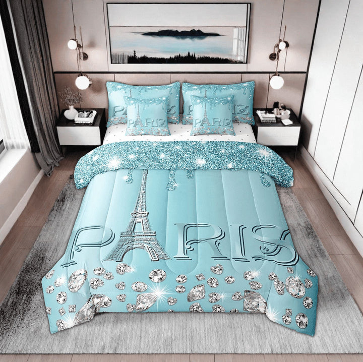 YST Paris Comforter Sets Full Bed in A Bag,Girly Glitter Eiffel Tower Bedding for Valentine&