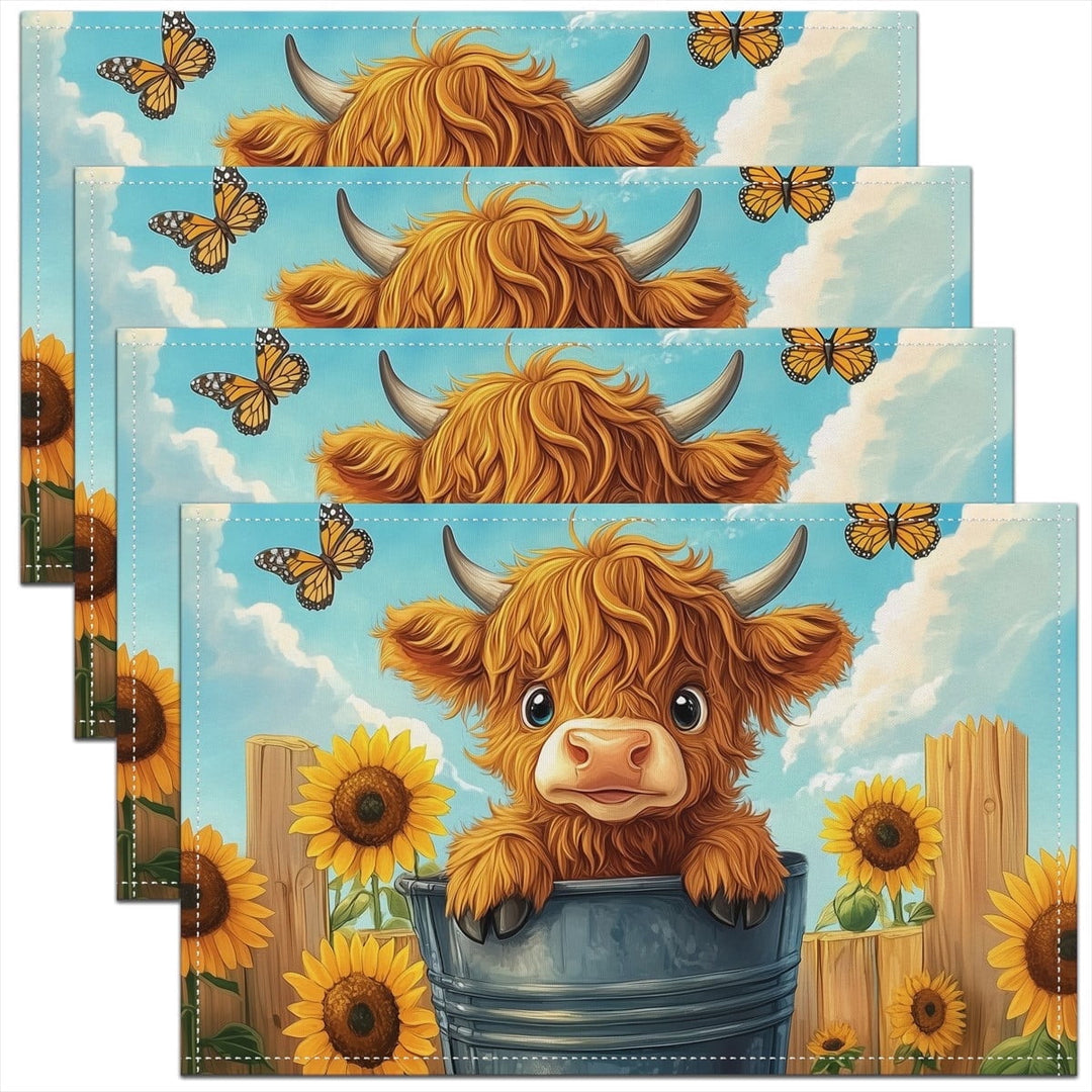 Erosebridal Cute Cow Place Mats Set of 4 for in Door Dinning, Rustic Animal Table Place Mats for in Door Dining, Sunflower Decor