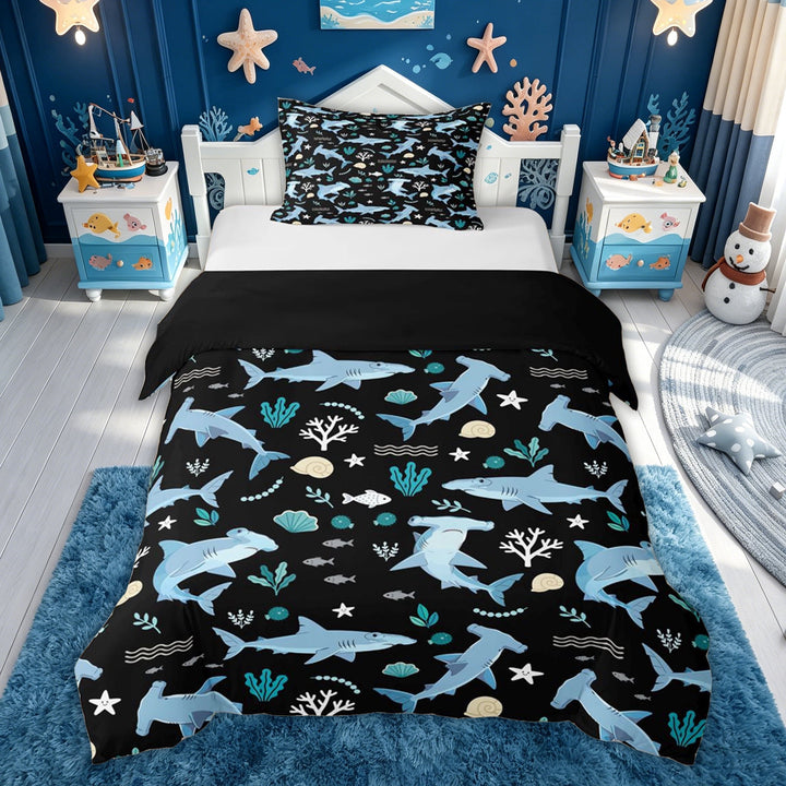 meiyoeat Cartoon Shark Bedding for Kids Boys, Seaweed Ocean Animals Duvet Cover Full for Bedroom, Black Blue, Black Reversible, 3pcs