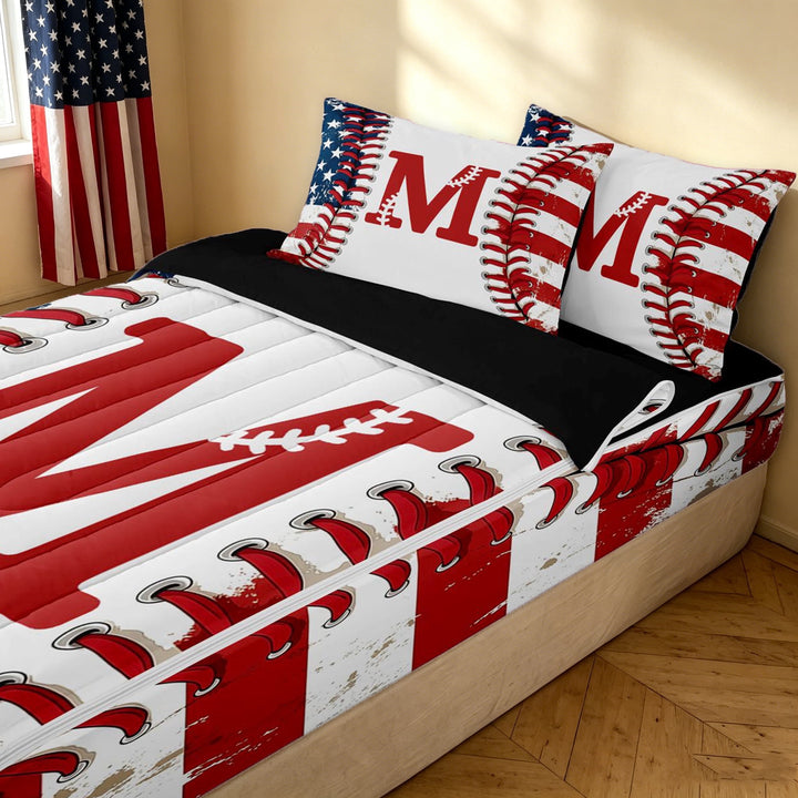 meiyoeat Patriotic Baseball Letter M Zipper Full Size Comforter Sets with Fitted Sheet and 2 Pillowcases for Boys, USA Flag Sport Zipper Bedding Set, Red White Blue, Black Reversible, 4-Piece
