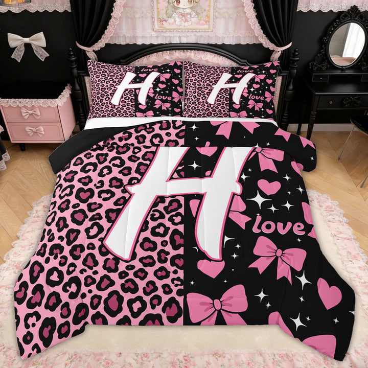 Erosebridal Leopard Print Letter H Full Size Comforter Sets for Girls, Pink Initial Ribbon Bedding Sets, Black Reversible, 3-Piece