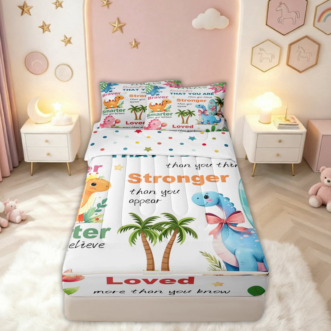 meiyoeat Inspirational Quote Cute Cartoon Dinosaur Zipper Full Size Comforter Sets with Fitted Sheet and 2 Pillowcases, Tropical Beach Animal Zipper Bedding Set, Polkadot Reversible, 4-Piece