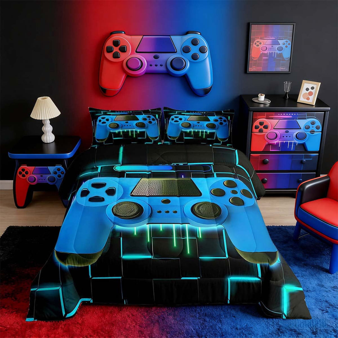 Blue Gaming Full Size Comforter Sets - Gamer Comforter Full Size Bedding Set, Neon Lights Abstract Geometry Design Gamer Room Decor