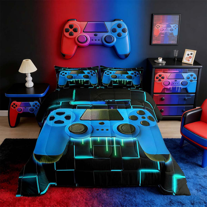 Blue Gaming Full Size Comforter Sets - Gamer Comforter Full Size Bedding Set, Neon Lights Abstract Geometry Design Gamer Room Decor